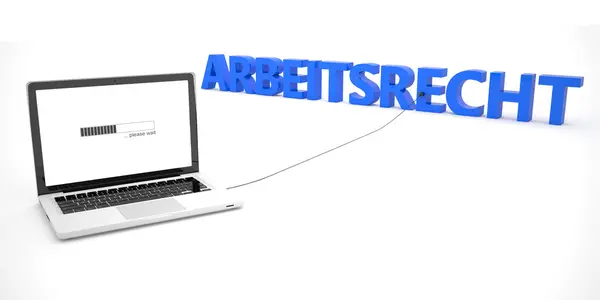 Arbeitsrecht - palavra alemã de direito de trabalho - computador portátil portátil portátil ligado a uma palavra sobre fundo branco. 3d renderizar ilustração . — Fotografia de Stock